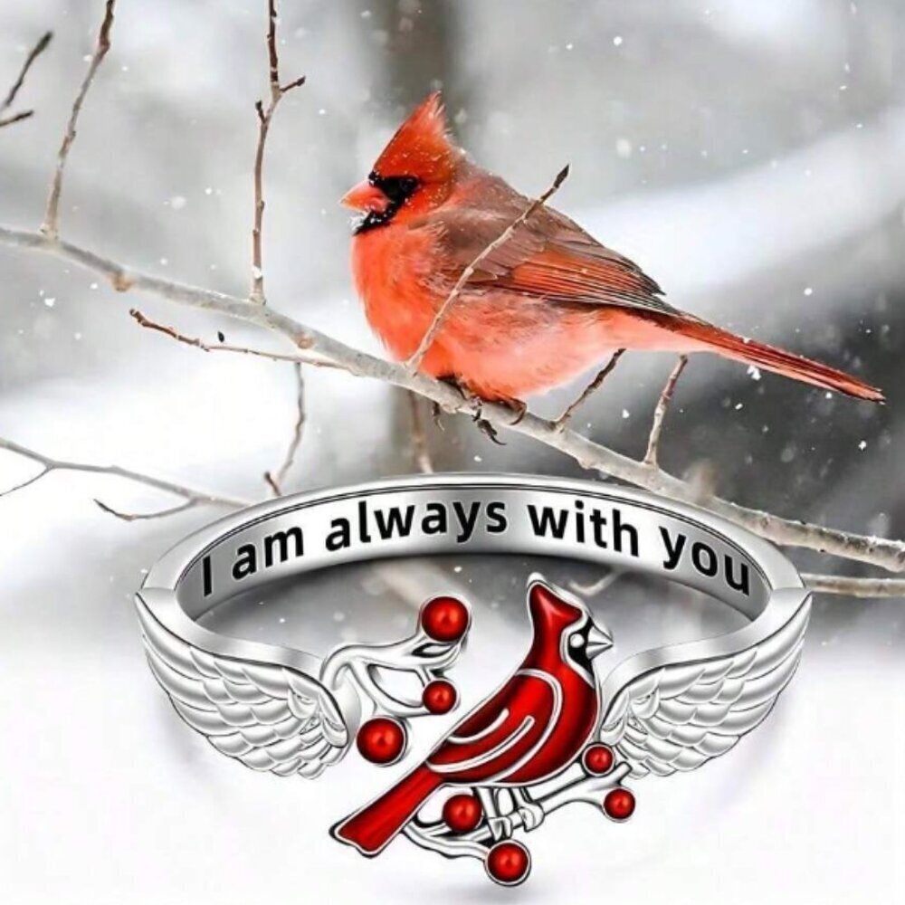 Red Cardinal Cuff Ring Adjustable Remembrance I Am Always with You